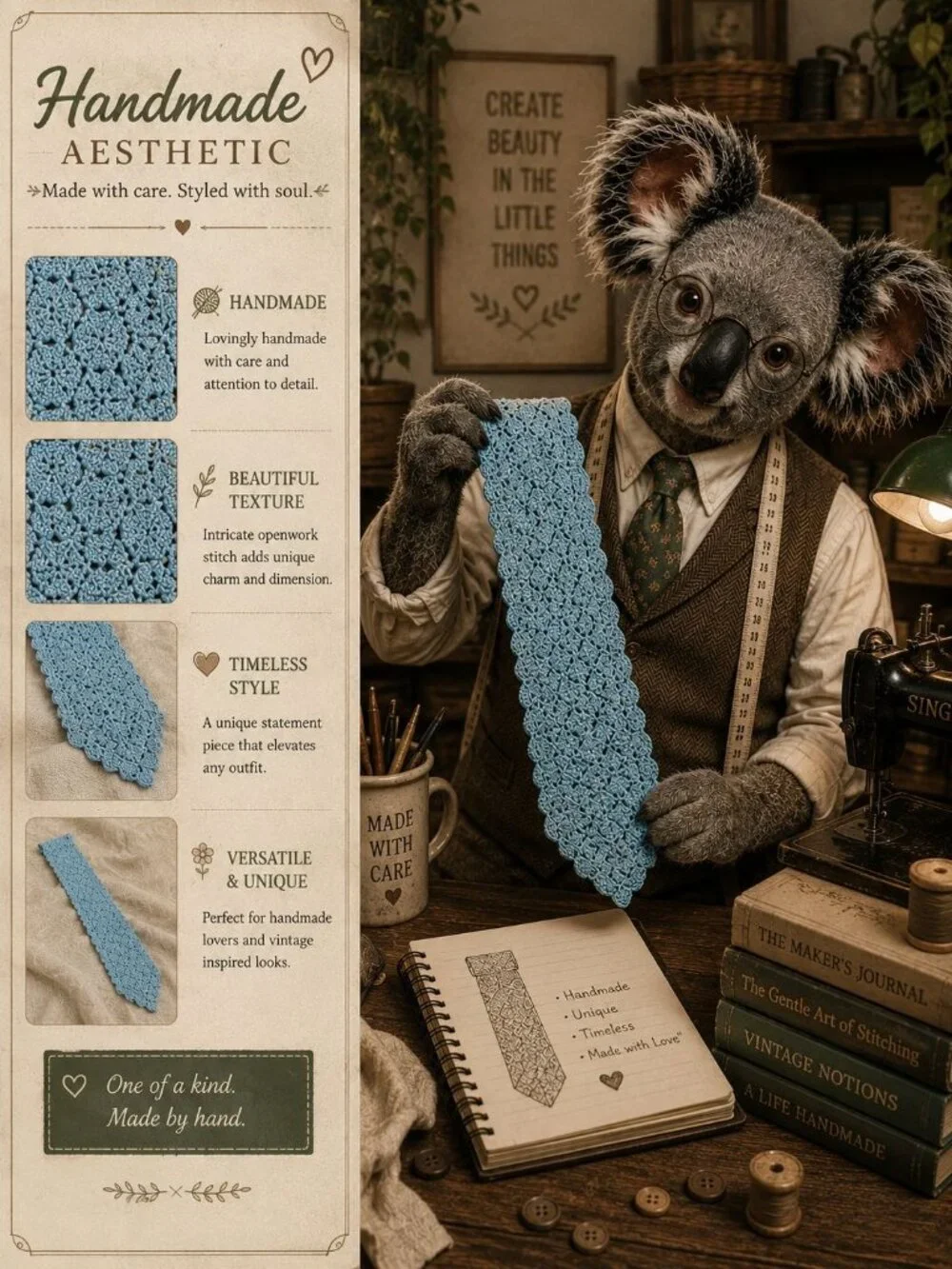 Handmade Crochet Necktie Light Blue Open Weave Textured Knit Vintage Style Tie
